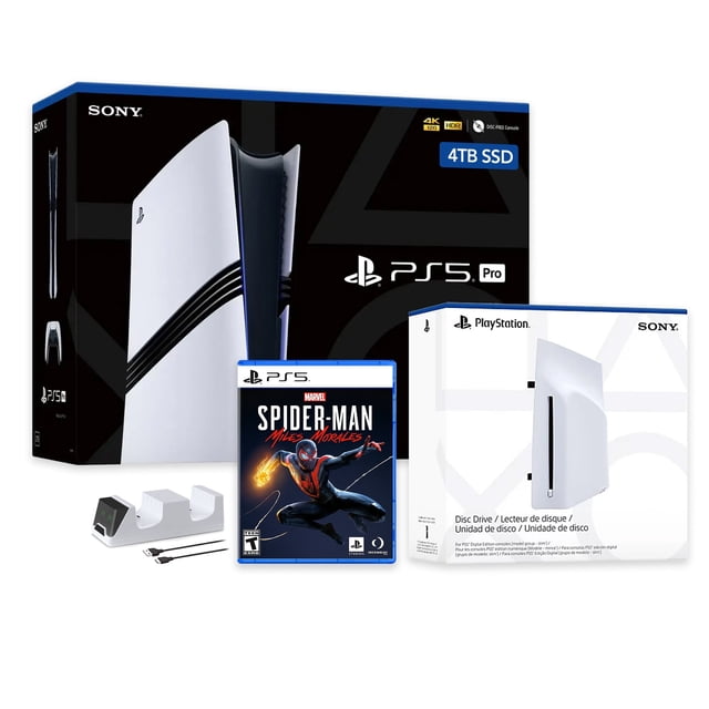 PlayStation 5 Pro 4TB SSD Console with Disc Drive, Wireless Controller and Charger, Spider-Man: Miles Morales - CFI-7019 PS5 Pro Front-facing PS5 Pro tower with disc slot, DualSense on charger, HDMI and power cables and game case on neutral background; 4TB storage, PSSR and advanced ray tracing for 4K play at 60 to 120 Hz, often used as a media streamer.