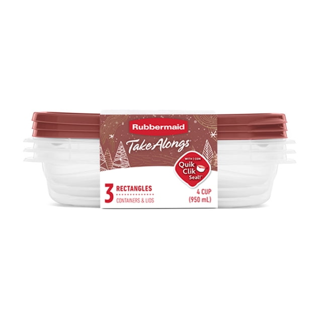 Rubbermaid TakeAlongs 4-Cup Food Storage Containers, Meal Prep Containers with Lids, Limited-Edition Maple Leaf Red, 3-Pack showing three clear rectangular containers stacked with ridged red lids featuring QuikClik Seal, BPA-free plastic, microwave-safe bases, and 950 ml capacity, suitable for meal prep and kitchen storage.