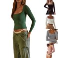 thumbnail image 4 of Fortune Femmes Col Rond Manches Longues Basique Slim Fit T-Shirts Solide Crop Top, 4 of 4