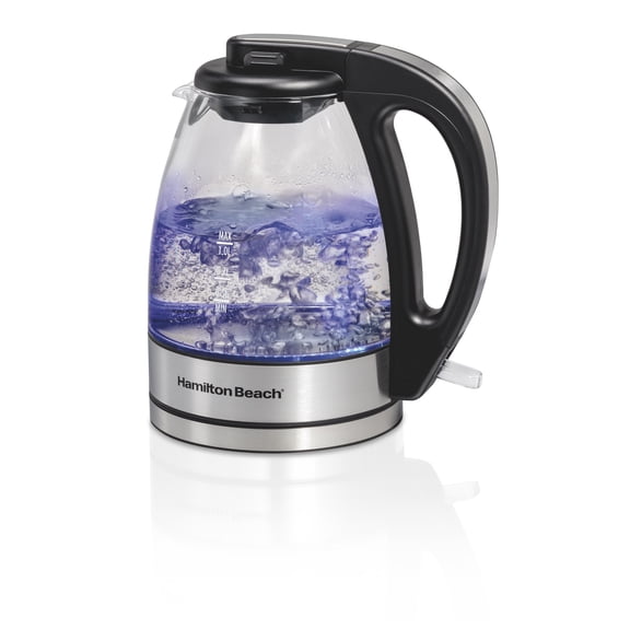 Hamilton Beach Bouilloire électrique en verre compacte, 1 litre, sans fil avec éclairage DEL bleu, 1500 watts, 40930JC