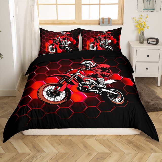 Erosebridal Housse de Couette Motocross pour Lit Simple, Housse de Couette Motocross pour Lit Simple, Noir Rouge, Réversible 2 Pcs, (Sans Couette)