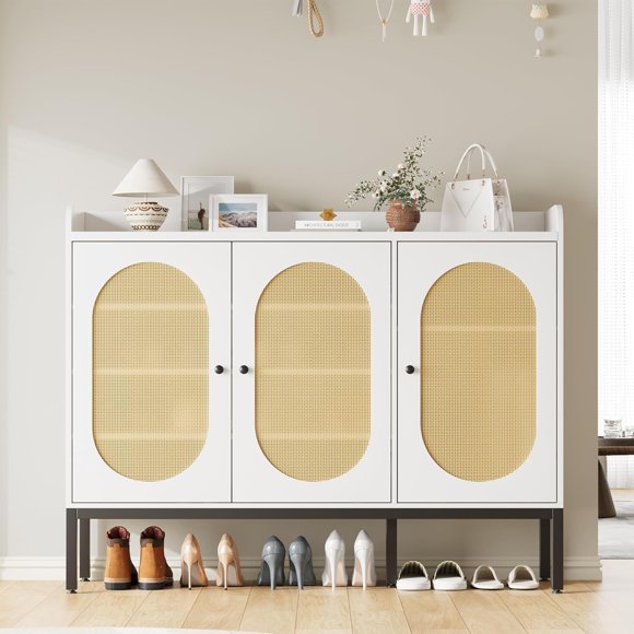Shoe Storage Cabinet with 3 Rattan Doors & 5Adjustable Layers, Freestanding Shoe Rack for Entryway, Hallway, Living Room