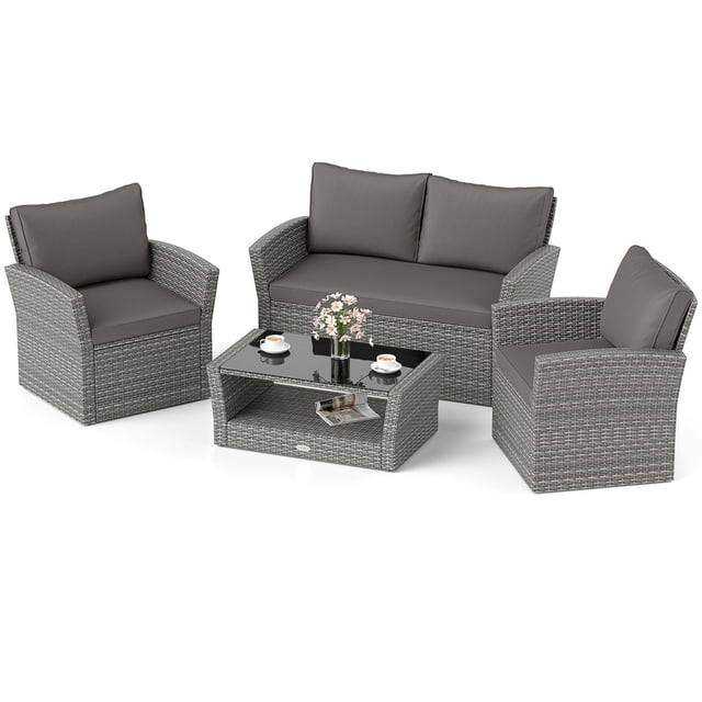 Gymax Set Of 4 Patio Furniture Set w/ 2 Rattan Chairs Loveseat Coffee Table Cushions