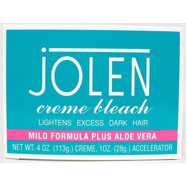 Jolen Boîte de Décolorant Crème à l'Aloès avec Fond turquoise et Texte Blanc et Rose, Montrant une Formule Douce plus de l'Aloès pour Peau Sensible, Conçue pour Alléger les Cheveux Foncés en Surplus, Comprend un Accélérateur Crème de 4 oz (113 g) et un Accélérateur de 1 oz (28 g), Idéal pour la Décoloration des Cheveux du Visage, des Bras et du Corps.