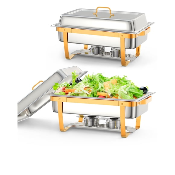Chafing Dish for Buffet Set, 2 Packs 8 QT Chafers and Buffet Warmers Sets with Folding Frame for Weddings Parties Banquets Catering Events, Gold