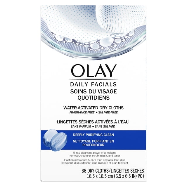 Olay Daily Facials Deeply Purifying Cleansing Cloths fragrance-free water-activated dry cloths with visible texture and bubbles, sized 16.5 x 16.5 cm (6.5 x 6.5 in), providing 5-in-1 cleansing as makeup remover, cleanser, scrub, mask, and toner for effective facial skin care.