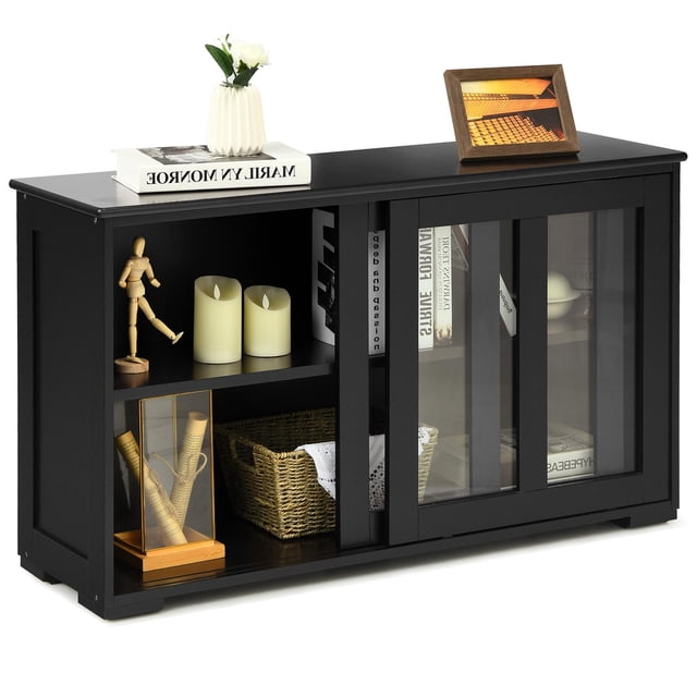 Giantex Stackable Buffet Cabinet, Kitchen Storage Cabinet with Sliding Tempered Glass Doors, Small Sideboard for Kitchen, Dining Room or Living Room, Black