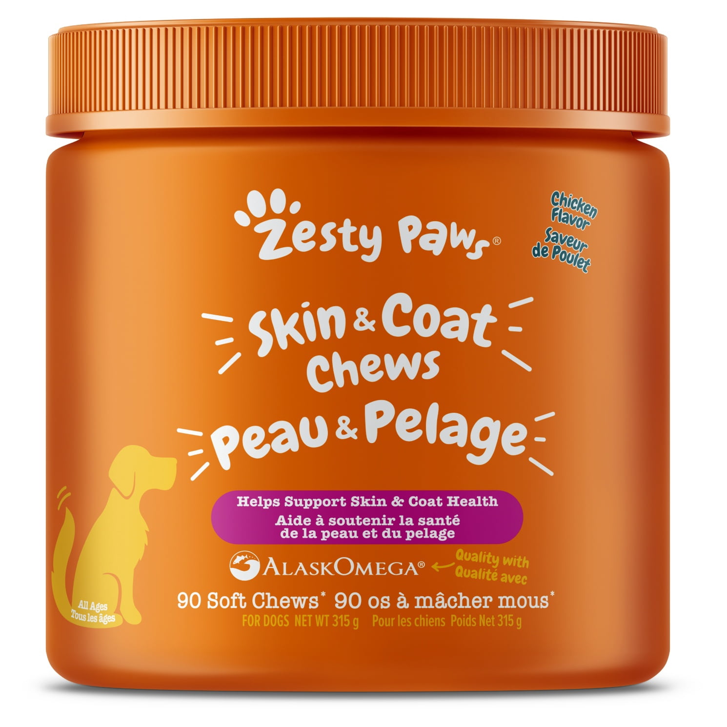 Zesty Paws Skin & Coat Chews Chicken Flavour Daily Soft Chews Dog Supplement, 90 count