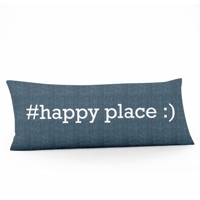 Mainstays Printed Body Pillow Case in dark blue microfiber fabric with white '#happy place :)' text printed on the front, designed for bedding use with machine washable material, suitable for adding a decorative touch to bedroom decor.