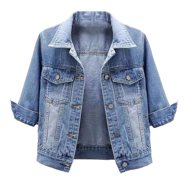 Hansber Women's 3/4 Sleeve Denim Jacket Coat Basic Button Down Stretch Jacket with Pockets Light Blue XL