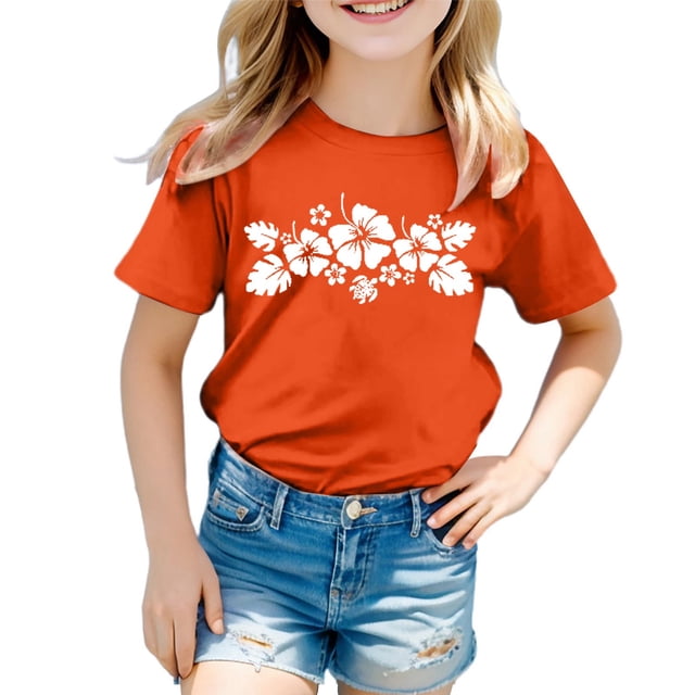 PMVFHDE Hauts à Manches Courtes pour Fille T-Shirts Graphiques pour Fille T-Shirts Amples d'Été pour Fille T-Shirts Imprimés Garçon et Fille Col Rond Manches Courtes Orange, 6-7 Ans