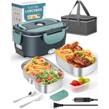 Eocolz Electric Lunch Box Food Heater 80W, Food Warmer with Dual Container 1.5L Portable Heated Lunch Box for Car Truck Work Stainless Steel Fork & Spoon 12/24/110V for Adults Lonchera Eléctrica