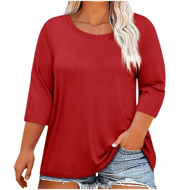 Plebaso Hauts pour Femmes Grande Taille Été Manches 3/4 Col Rond T-Shirts Décontractés Couleur Unie Tuniques Amples