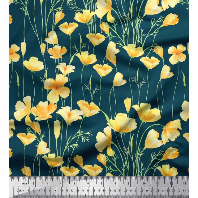 Soimoi Polyester Crepe Fabric Buttercup Floral Printed Fabric 1 Yard 52 Inch Wide