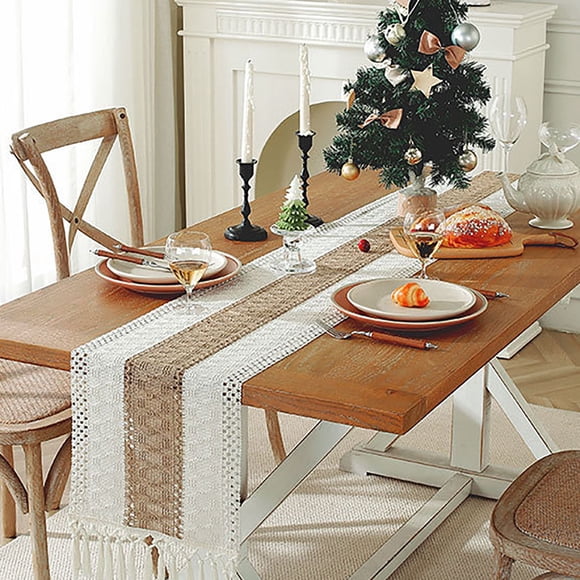 Qiopertar Table Runner, Soft Linen Table Runner with Hand-Woven Tassels, Bohemian Color-Block Home Decor for Dining Table Kitchen Center