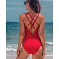 thumbnail image 3 of Charmo Women Ribbed One Piece Swimsuits V Neck Ruched Tummy Control Monokini Bathing Suit, 3 of 6