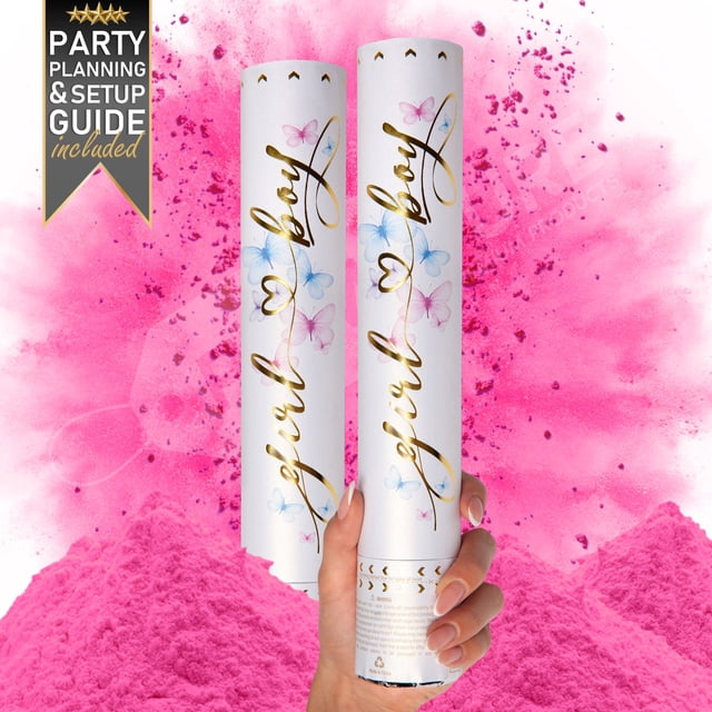 PrimePure Gender Reveal Powder Cannon – 2 Pack, Pink, Party Smoke Powder for Baby Girl centered front-facing view of two pink twist-release powder cannons with neutral PRIMEPURE labels and visible twist bottoms, compressed-air release shown by cloud of pink biodegradable, non-toxic powder on white backdrop; suitable as a photo prop for gender-reveal and maternity shoots.