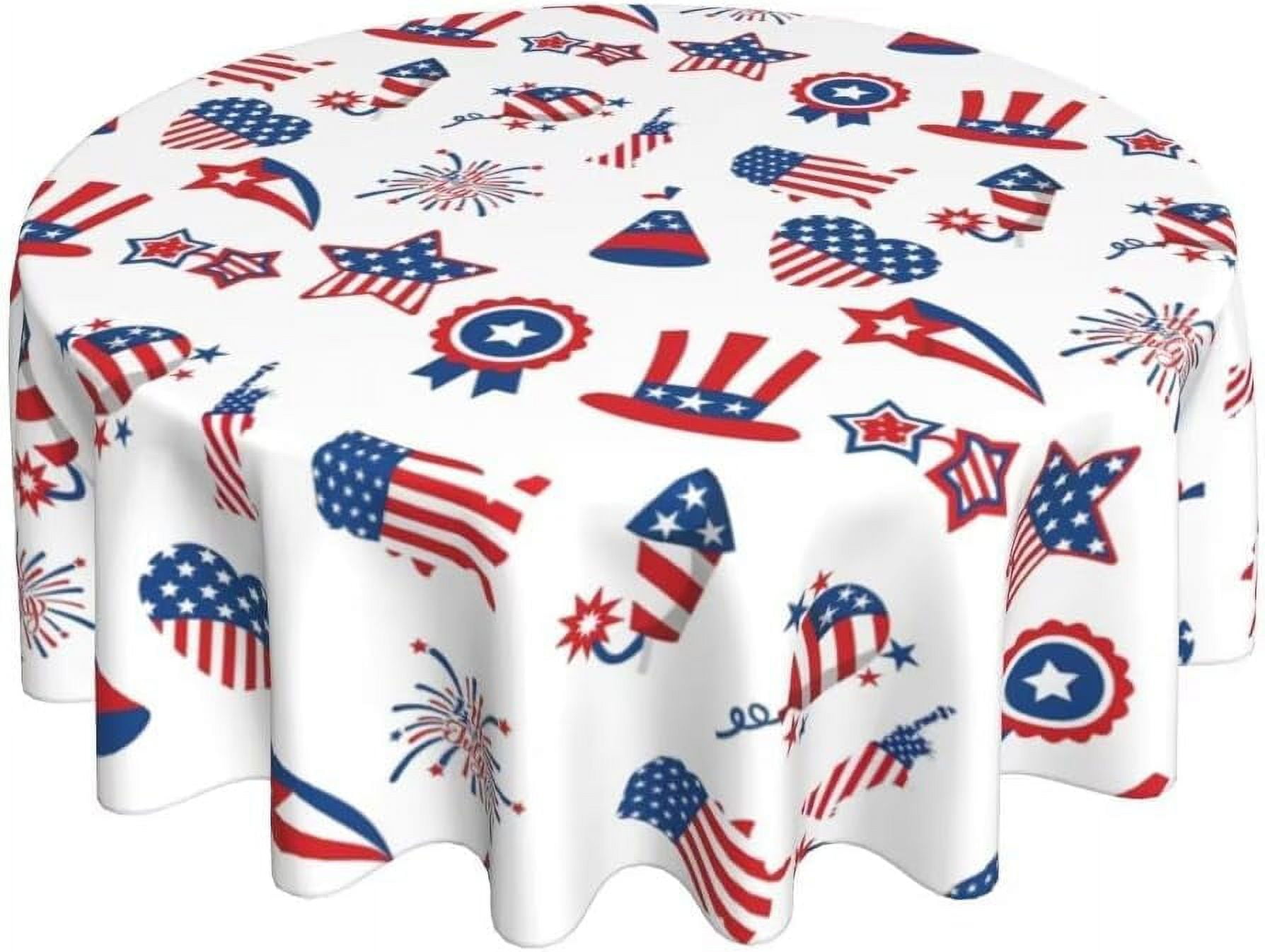4th of July Tablecloth 60 Inch Round, Patriotic Memorial Day Tablecloths Stain Resistance Polyester Independence Day American Flag Table Cloth for Party Picnic Dinner Holiday Decor