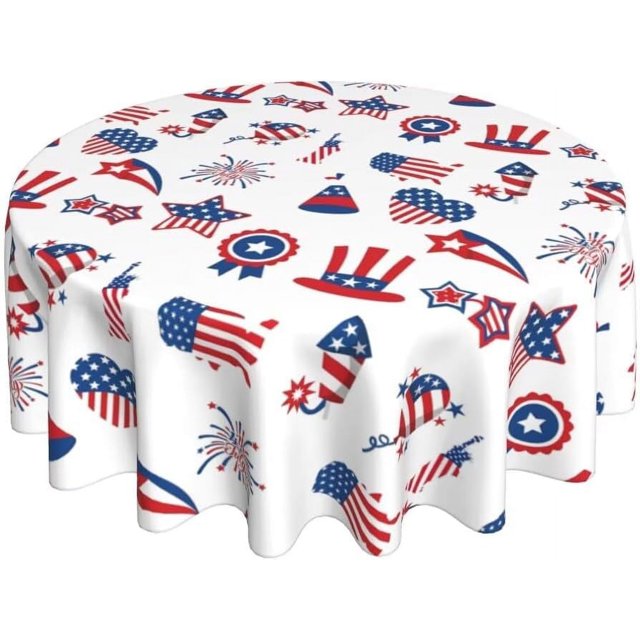 4th of July Tablecloth 60 Inch Round, Patriotic Memorial Day Tablecloths Stain Resistance Polyester Independence Day American Flag Table Cloth for Party Picnic Dinner Holiday Decor