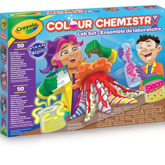 Crayola Coffret de Laboratoire de Chimie des Couleurs avec Enfants Illustrés Menant une Expérience Colorée de Volcan en Éruption à l'Aide d'Outils de Laboratoire comme un Cylindre Gradué et un guide d'Expériences, Comprenant 50 Expériences Scientifiques à Vapeur pour Enfants de 7 Ans et Plus.