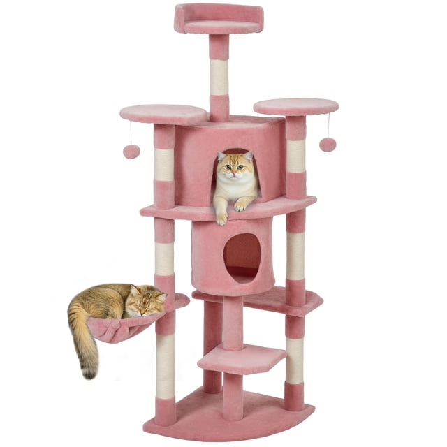 PawHut 62" Cat Tree, Multi-Level Cat Tower with Scratching Post, Pink