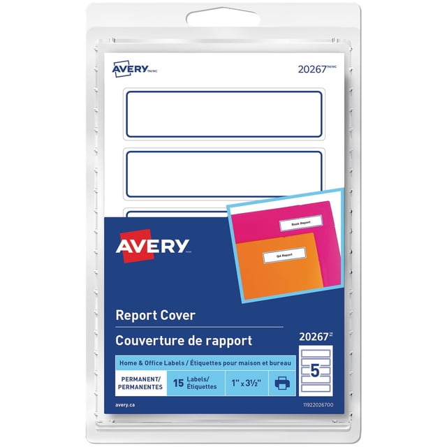 Avery Permanent Blue Border Report Cover Labels pack with 15 white rectangular labels bordered in blue, each 1 inch by 3.5 inches, ideal for home and office label sheets. The packaging shows three blank labels and an example of labels on colorful report covers, compatible with laser and inkjet printers for professional report organization.