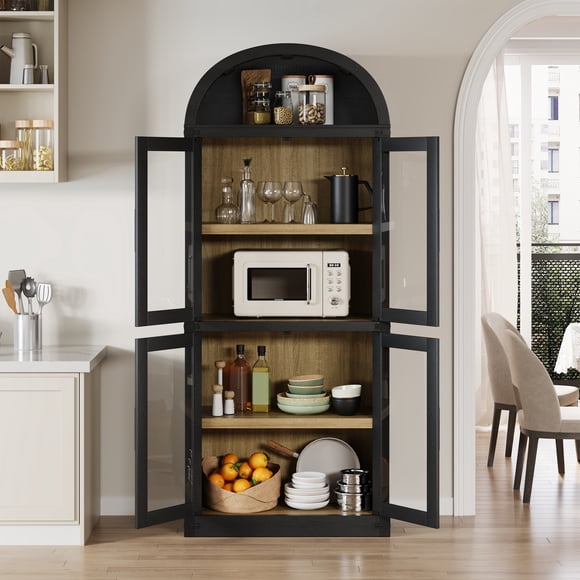 GloryStar 6-Shelf Arched Bookcase Display Cabinet, Features Glass Doors and Modern Wooden Construction for Showcasing Books, Décor, or Collectibles in Style