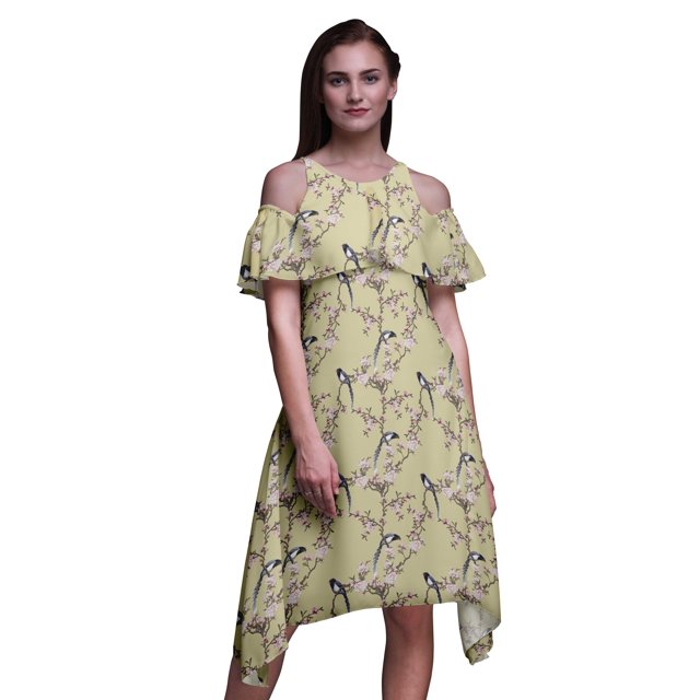 Bimba Beige Bird Printed Womens Cold Shoulder Tunic Party Round Neck Shift Dress - XXX-Large
