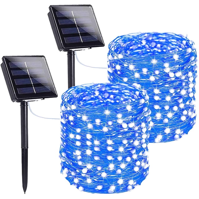 2 Pack Solar String Lights Outdoor, 66 FT 200 LED Solar Powered Waterproof Fairy Lights 8 Modes, Copper Wire Lights for Christmas Patio Party Tree Yard Decoration (Blue)