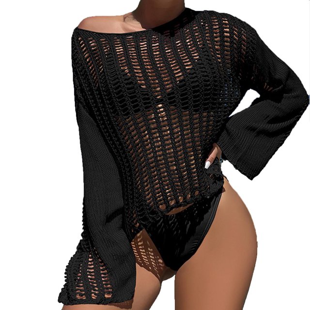 Pompotops Haut de Bikini de Plage en Tricot Ajouré à Manches Longues et Col Rond Uni pour Femme Liquidation
