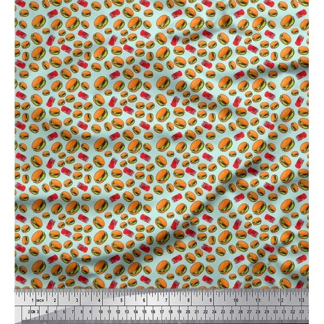 Soimoi Poly Georgette Fabric Coke & Burger Food Printed Craft Fabric by The Yard 42 Inch Wide