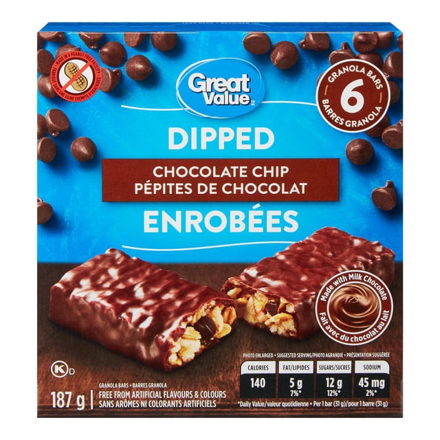Great Value Dipped Chocolate Chip Granola Bars box with six milk chocolate-coated granola bars featuring visible chocolate chips and oats, free from artificial flavours and colours, 187 g package with nutrition facts, ideal for a convenient snack or on-the-go energy.