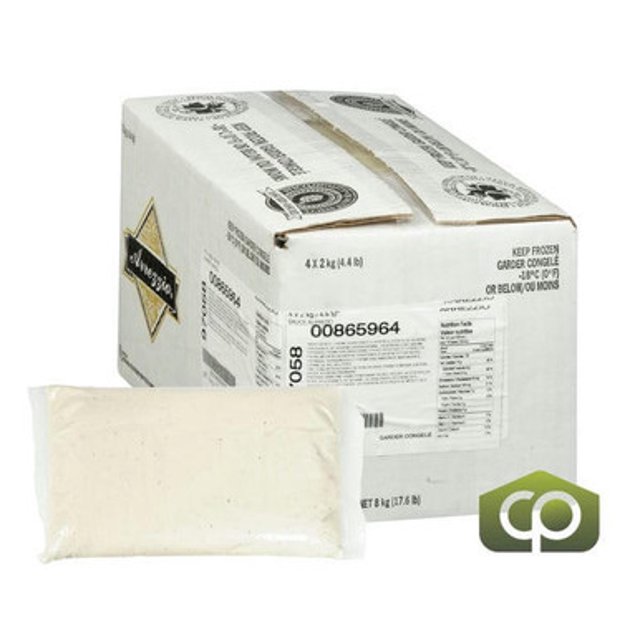 Arrezzio Classi Sauce Alfredo Traditional in a bulk size of 2 kg (4.4 lbs) per bag, packaged in a case of 4. The image shows a sealed plastic bag of creamy Alfredo sauce alongside the corrugated case with product labeling. Ideal for commercial use, this ready-to-use sauce is made with a blend of Parmesan and Gorgonzola cheeses, offering a rich and creamy texture. The packaging is designed for easy storage and handling.