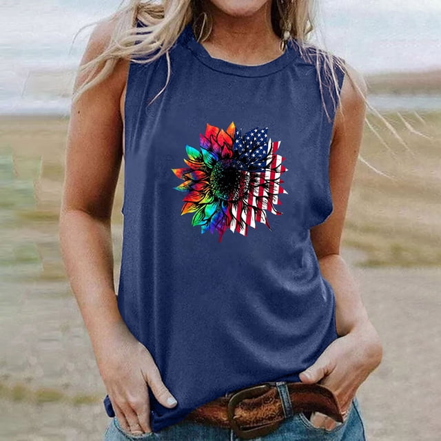 EQWLJWE Débardeurs Sans Manches pour Femmes Débardeurs d'Été pour Femmes Femmes Col Rond Imprimé Décontracté Ample Hauts Chandail Sans Manches T-shirt