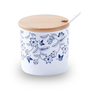 Bol à Sucre avec Couvercle et Cuillère, Contenant à Sucre Bleu et Blanc Pot à Épices, Serveur à Sel Contenant à Sel, Accessoires de Bar à Café-Bleu et Blanc-Bol à Sucre