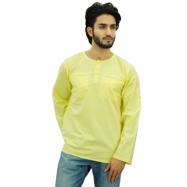 Atasi Kurta pour Homme à Col Rond en Coton, Manches Retroussables, Chemise Jaune - X-Grand