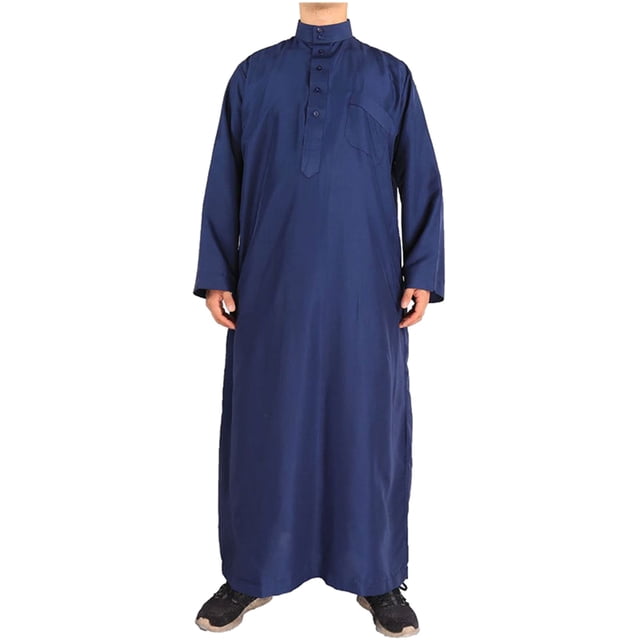Kcodviy Male Casual Robe Muslim Mens Shirts Casual Stand Collar Thobe Long Mens Solid Color Button Down Shirt Solid Pocket Long Sleeve Men Button Up Shirt Jubba Robe