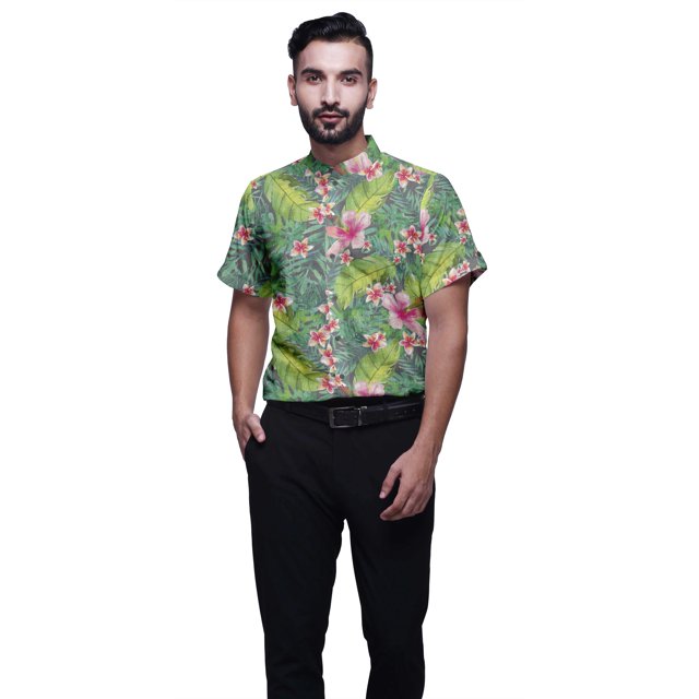 BESTMAN Chemise en Coton pour Hommes à Manches Courtes Imprimée Col Mandarin Chemise Décontractée Gris