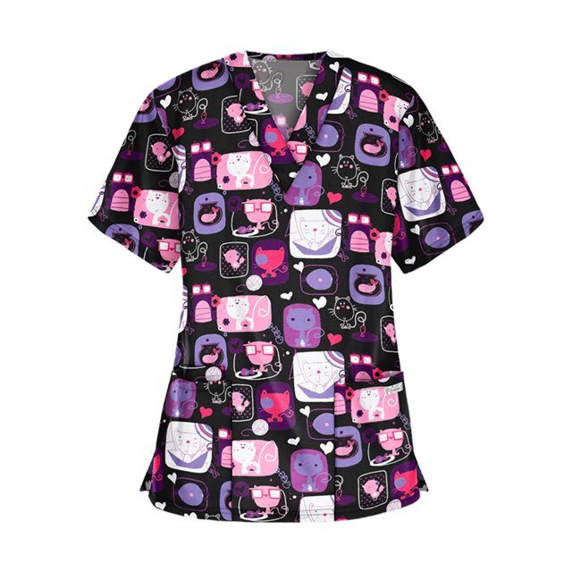 RKSTN Women Short Sleeve V-neck Tops Working Uniform Cartoon Print Blouse