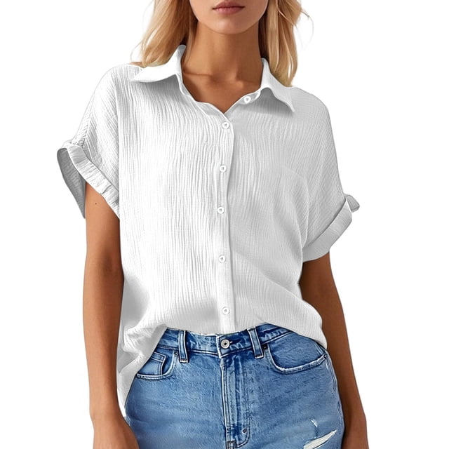 Chemise Décontractée pour Femme à Manches Chauve-Souris Unie avec Boutons et Poche à Manches Courtes