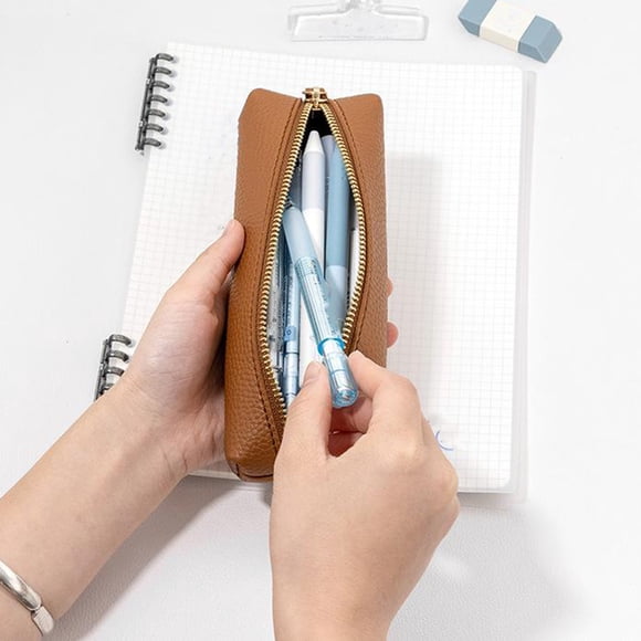 Slim Leather Pen Bag, Portable Leak-Proof Zippered Pencil Case with Soft Suede Lining, Professional Office Stationery Storage