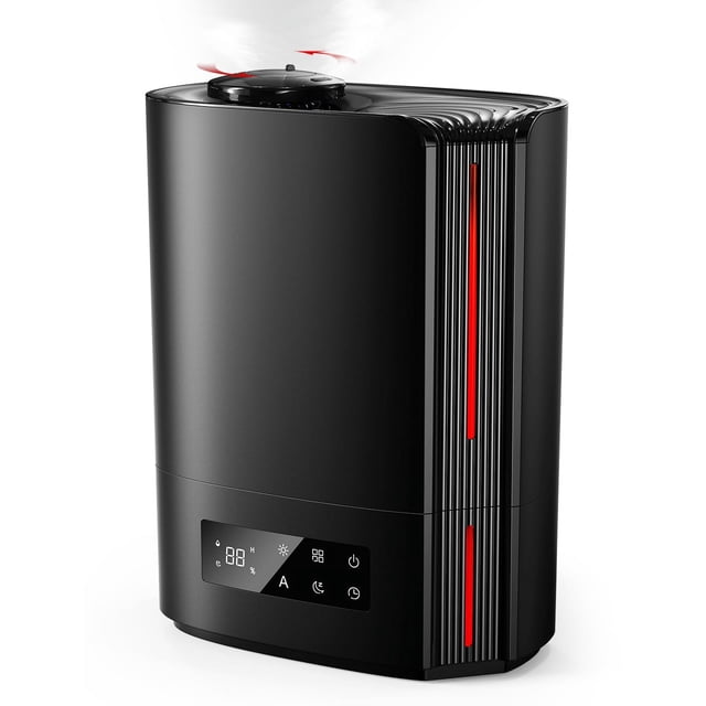 ALROCKET 6L Humidifier in black with a modern design, offering a top-fill system, smart humidity control, and oil diffuser functionality. The humidifier features a digital touch control panel for settings like sleep mode, timer, and night light. It has a 6L (1.6-gallon) water tank, providing up to 60 hours of operation on the lowest mist setting. The device includes a 360-degree rotating nozzle, automatic shut-off, and ultra-quiet operation at 25dB, making it ideal for bedrooms, large rooms, and plant care. A red water level indicator is visible on the side for convenience.