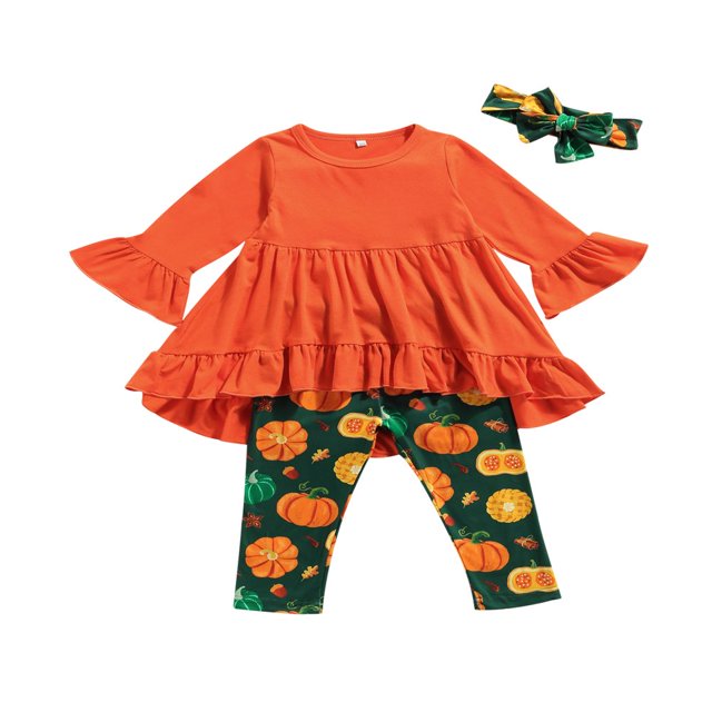 Kids Tracksuit Flared Sleeve Blouse + Pumpkin Print Pants + Hairband Set