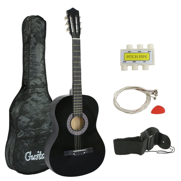 Smartxchoices Ensemble de Guitare Acoustique 38 Pouces pour Débutants et Amateurs de Musique, Guitare Folklorique 6 Cordes avec Sac de Concert, Ensemble Supplémentaire de Cordes en Acier, Sangle, Pitch Pipe et Pioche (Noir)