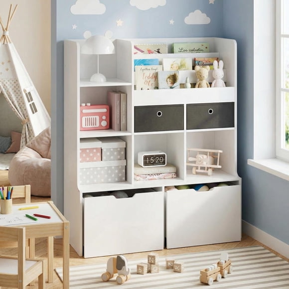 QinaQin Kids Toy Storage Organizer, Wooden Bookshelf and Toy Cabinet with Hidden Wheels, Drawers and Compartments for Playroom