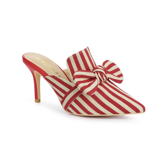 BLISSFUL STEP Mules à Talon Aiguille pour Femmes Bout Pointu Rayure Nœud à Enfiler Chaussures Habillées Rouge 7