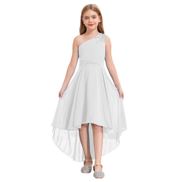 Oyolan Robe de Demoiselle d'Honneur Junior pour Fille, Perles, une Épaule, Ligne A, Mariage, Concours, Fête, Robe de Bal, Ivoire, 6