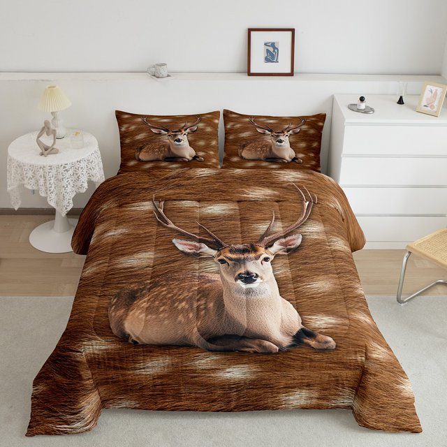Farmhouse Deer Comforter Set,Sika Deer Skin Pattern Full Bedding Set,Rustic Farm Animal Bedding Comforter Sets,Country Wildlife Duvet Insert,Brown White Down Comforter