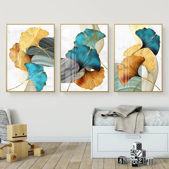 Abstract Wall Art Painting for Living Room and Bedroom – Modern Canvas Print with Blue Green Yellow Gold Leaf Ready to Hang Home Wall Artwork