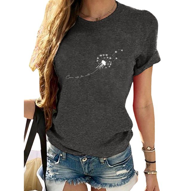 Innerwin Hauts Imprimé Pissenlit T-Shirts pour Femmes Vacances Col Rond Vintage Gris Foncé 3TG